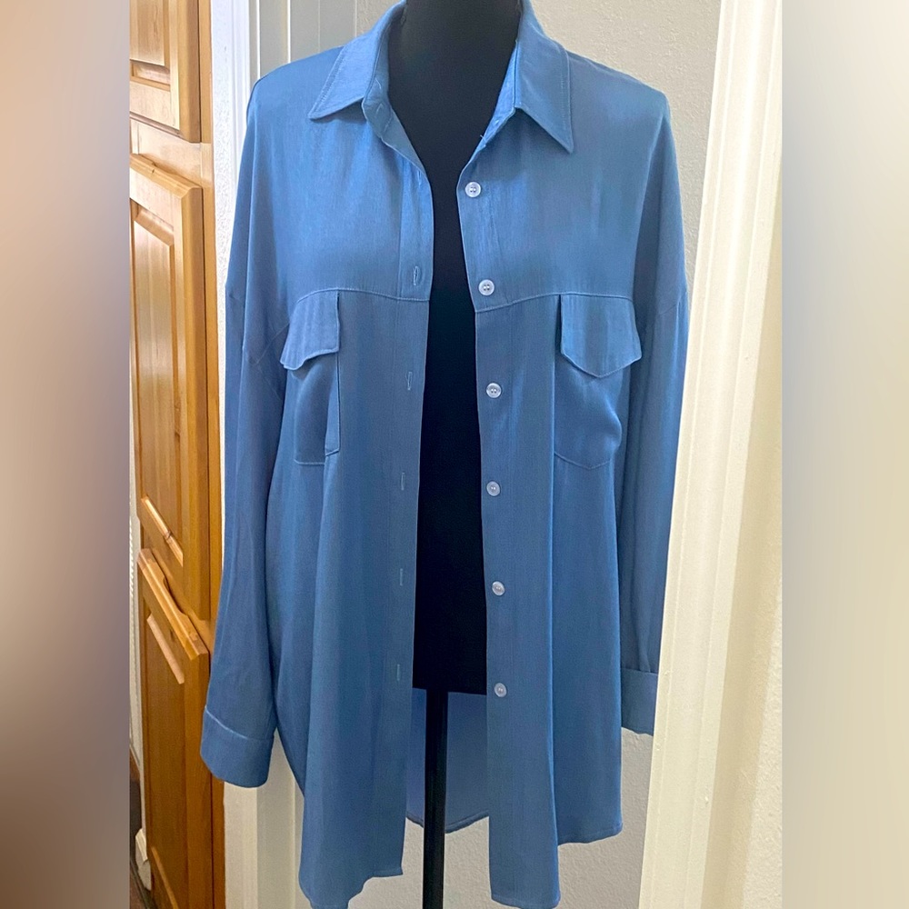 Blue Chambray Plus Size Button Down, 2X